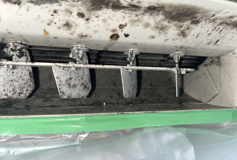エアコンの吹き出し口と風向板に出た黒いカビ